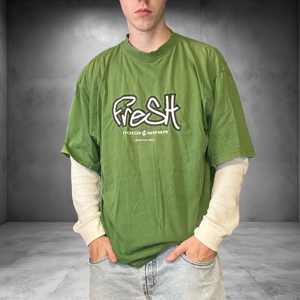 Vintage Rocawear Fresh Graphic T-Shirt Green Y2K Baggy Skater XL 1453